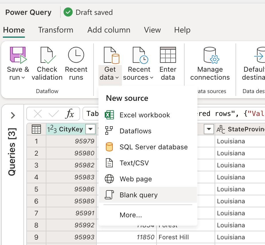 Screenshot of the entry in the Get data in the Home tab to create a blank query.