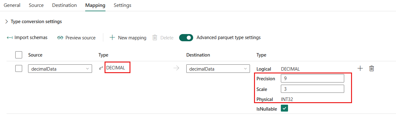 Screenshot of mapping destination column type.