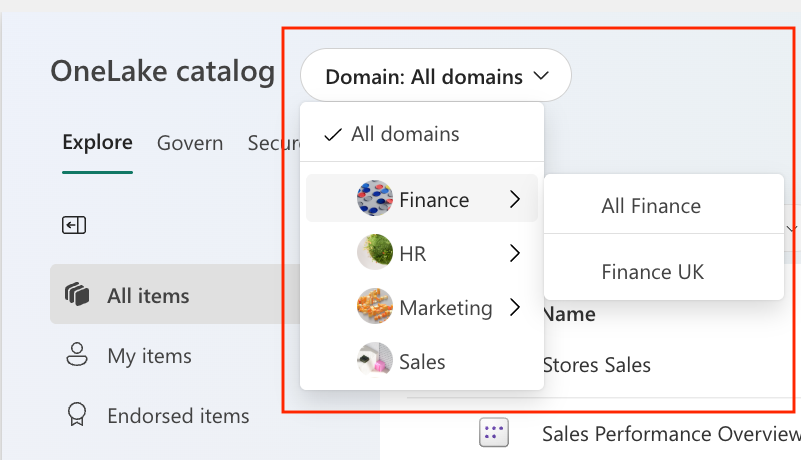 Screenshot of the domains selector in the OneLake catalog.