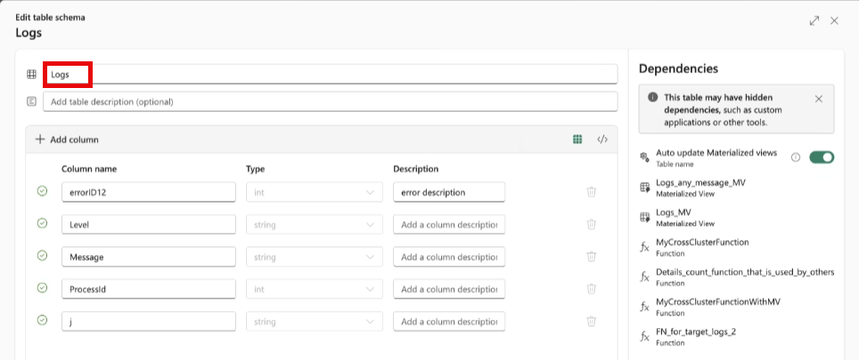 Screenshot of the edit table schema with the table name field highlighted.