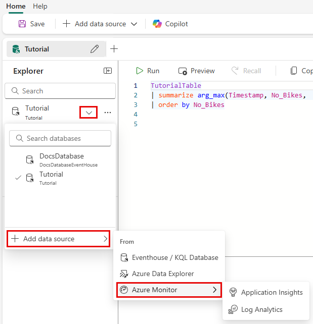 Screenshot of the data source menu showing a list of connected data sources.