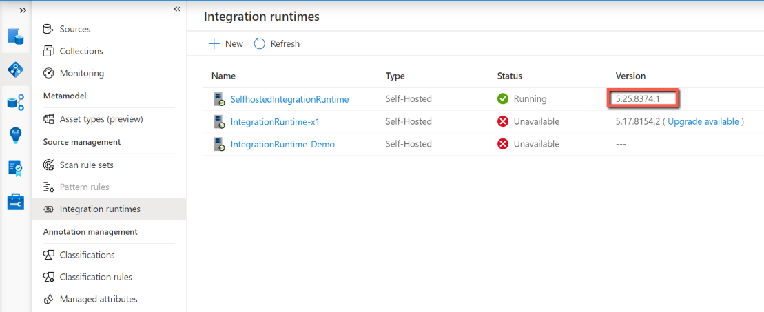 Screenshot that shows the version in classic Microsoft Purview governance portal.