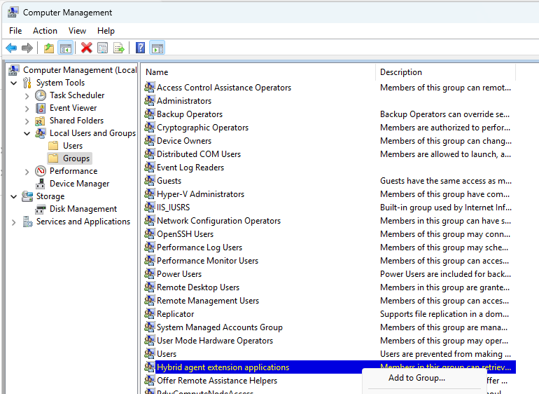 Screenshot of Computer Management showing the hybrid agent extension application group.