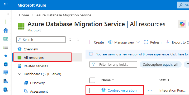 Screenshot of the DMS all resources page in the Azure portal.