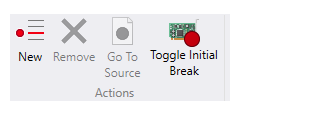 Screenshot of the Breakpoints menu in WinDbg.
