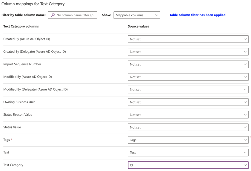 Review the field mappings Screenshot showing Column mappings for text category.