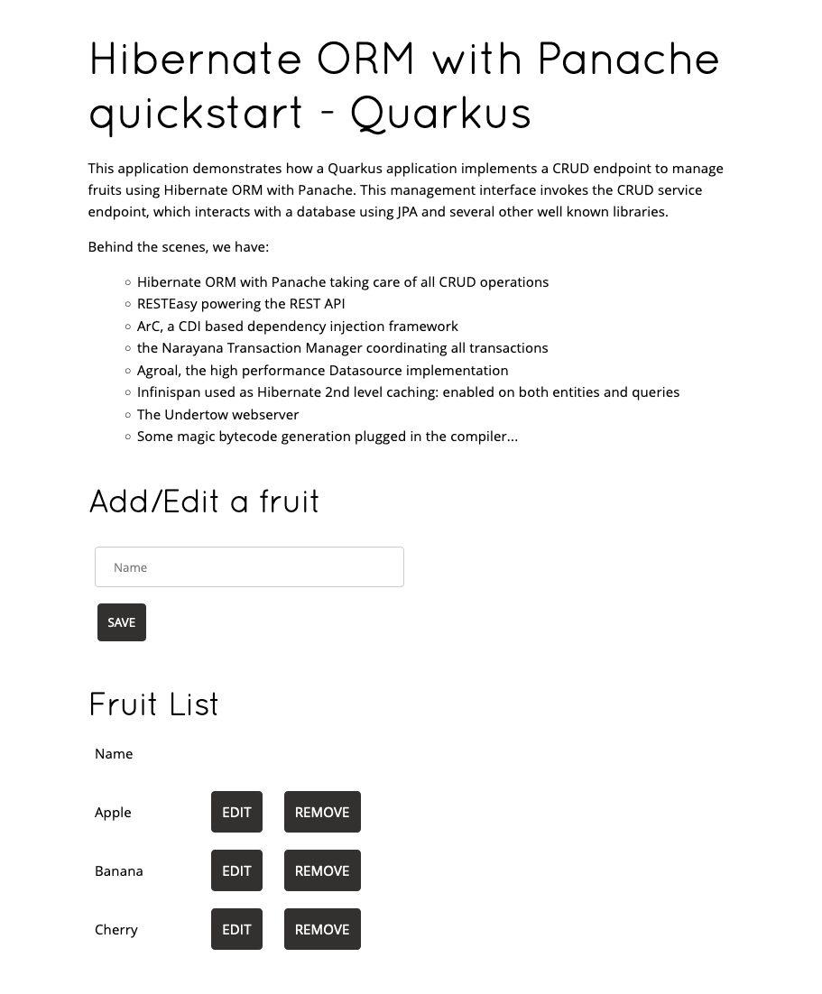 Screenshot of Quarkus application storing data in PostgreSQL.