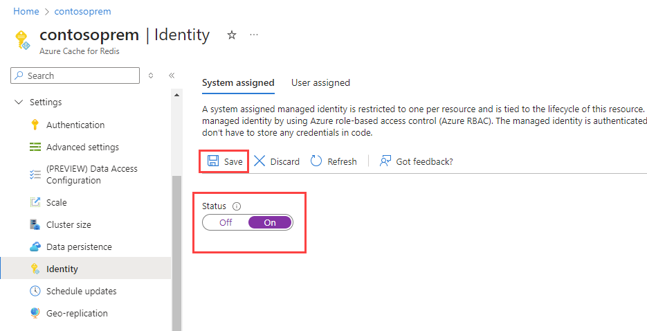 Screenshot showing System Assigned selected and Status is on.