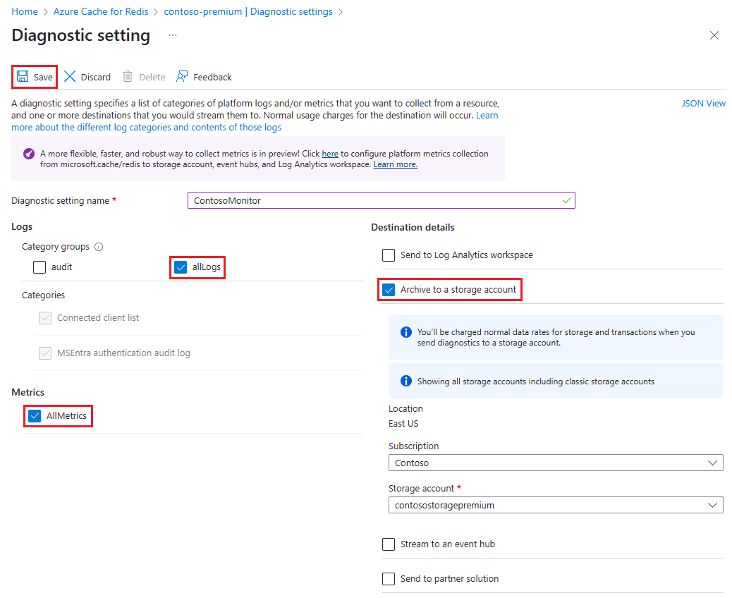 Screenshot that shows the Diagnostic setting configuration page for a Premium cache.
