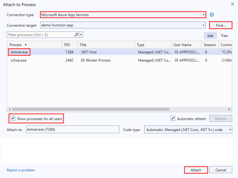 Screenshot of the Attach to Process dialog. The connection type is Microsoft Azure App Services. In the process table, dotnet.exe is selected.