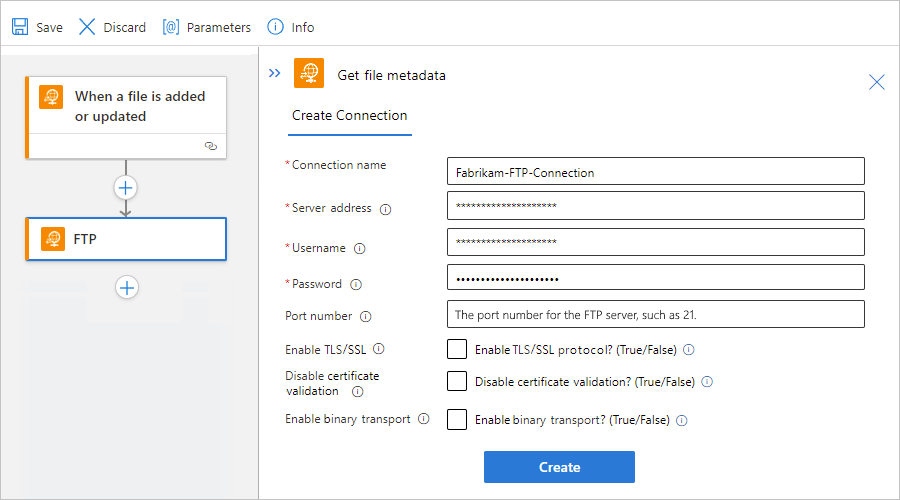 Screenshot shows workflow designer with an FTP built-in action with connection information.