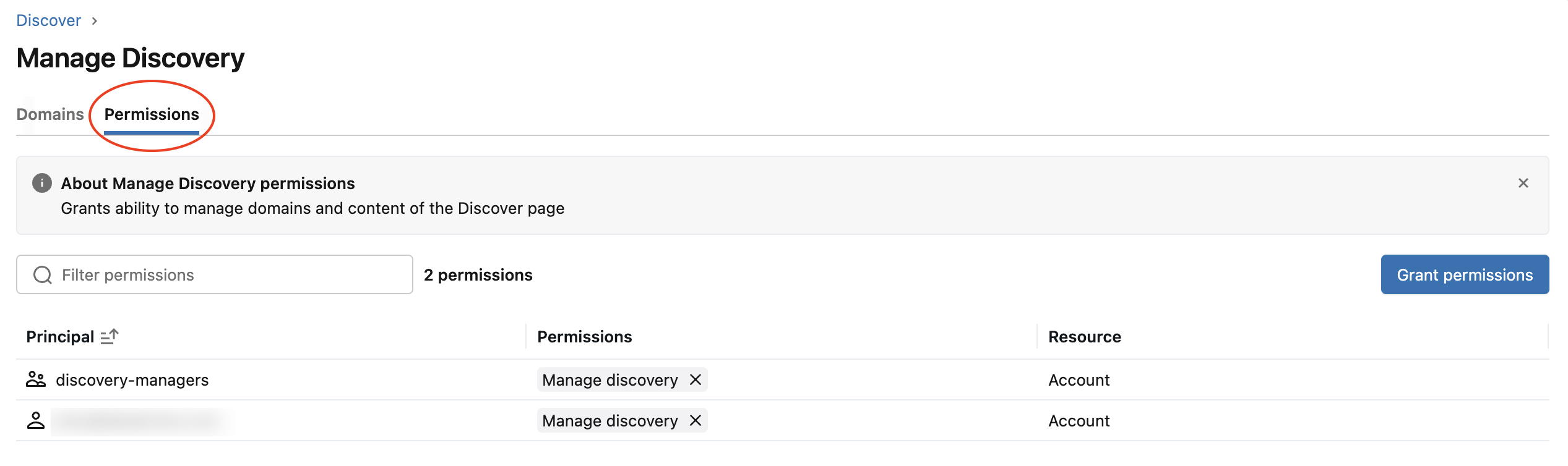 Permissions tab of the Manage Discovery page