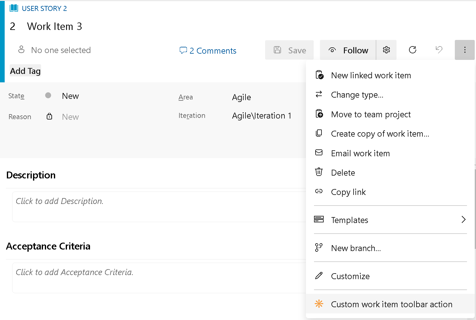 Screenshot of custom work item toolbar actions.
