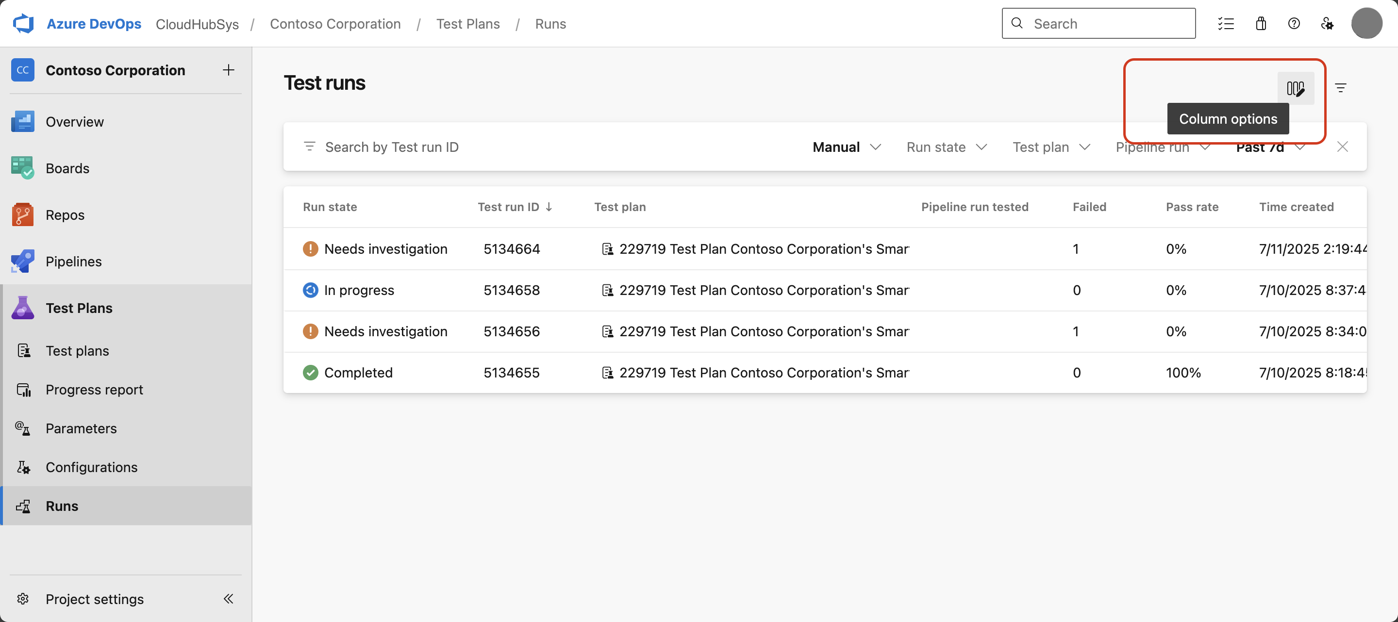 Screenshot showing the column options configuration dialog for test runs.