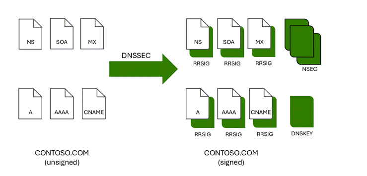Screenshot of how RRSIG records are added to a zone when it's signed with DNSSEC.
