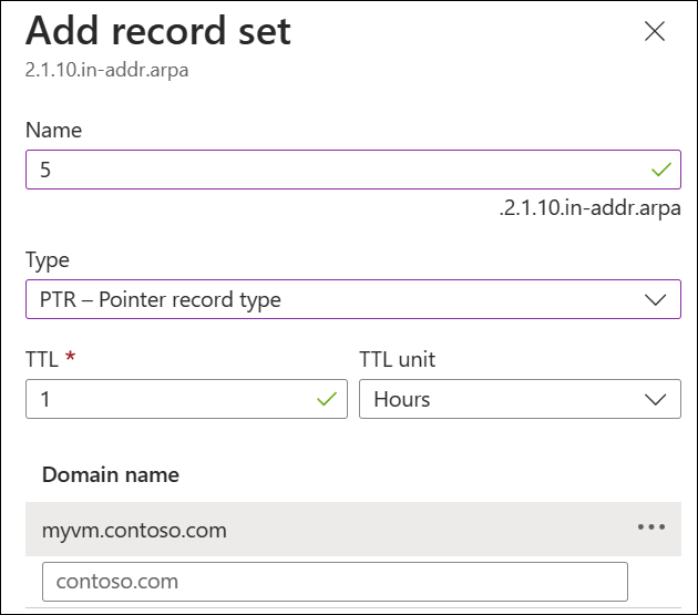 Screenshot of creating a private reverse DNS record.