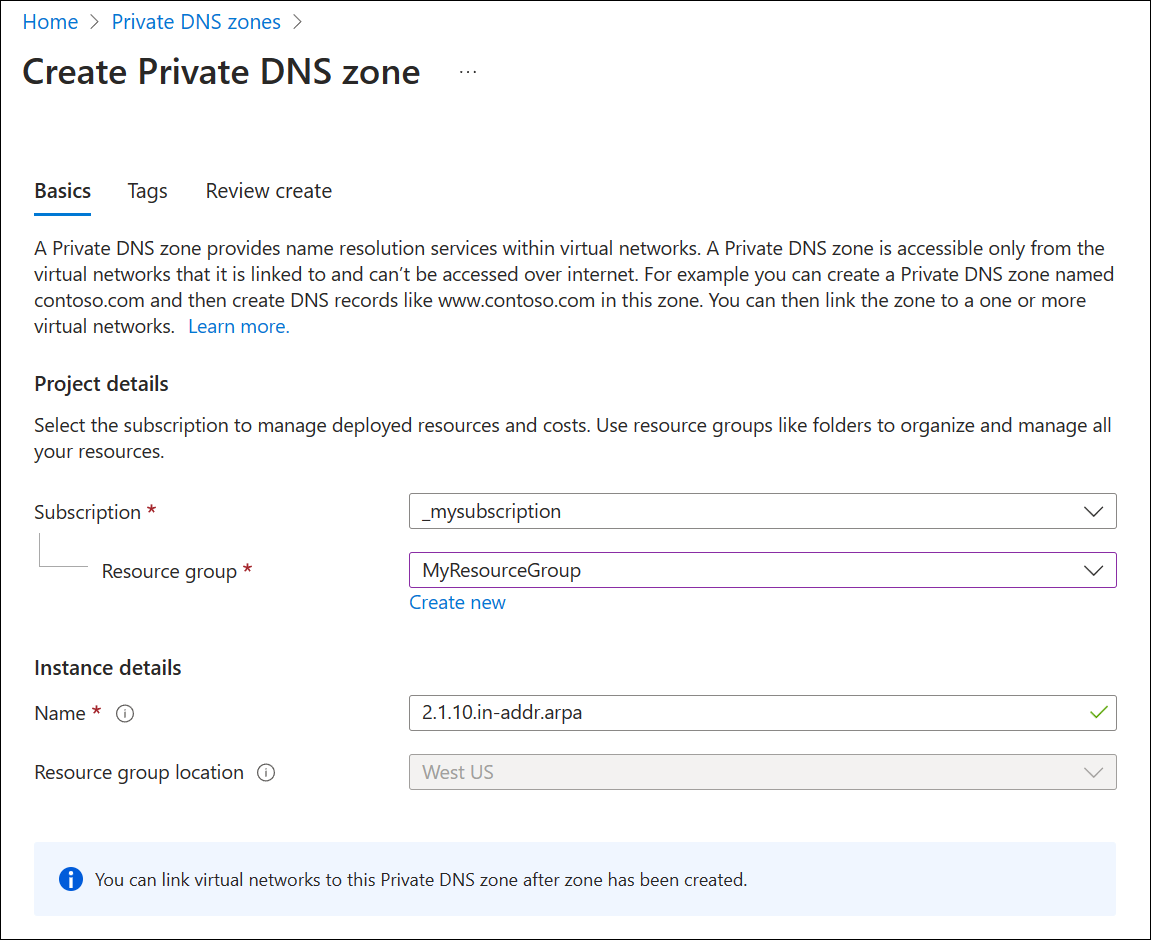 Screenshot of creating a private reverse DNS zone.