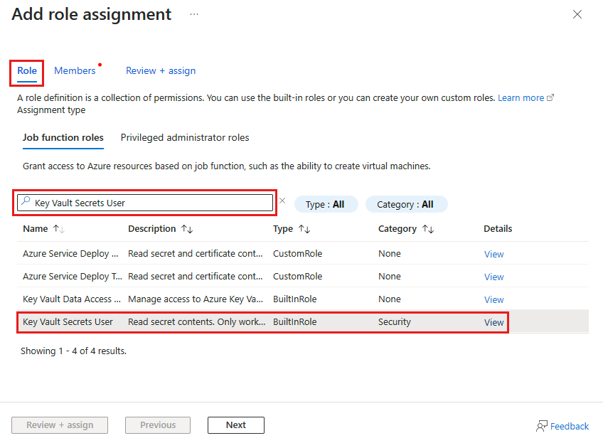 Screenshot of the Add role assignment page for a Key Vault.