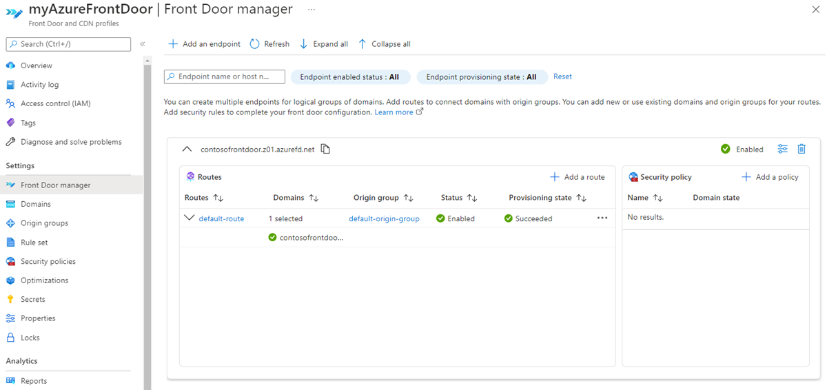 Screenshot of the Azure Front Door Manager page.