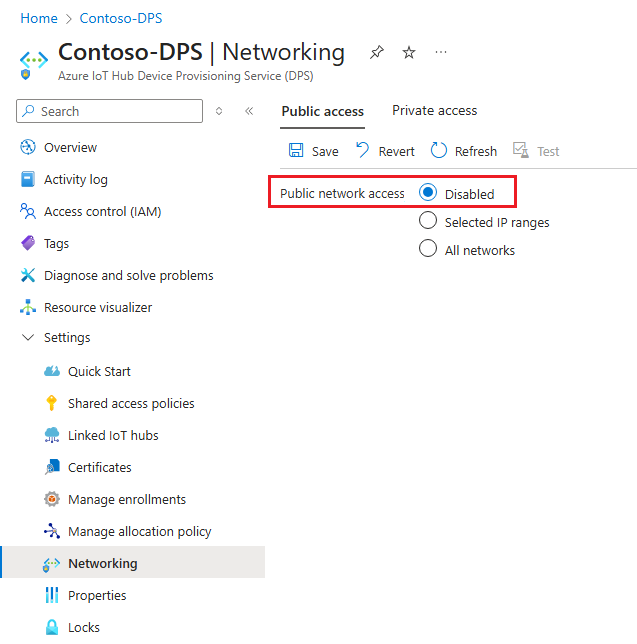 Screenshot that shows how to disable public network access for an IoT DPS instance in the Azure portal.