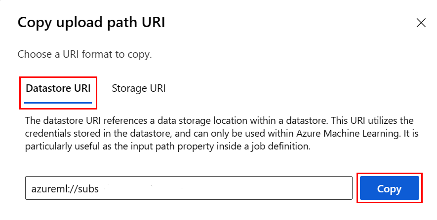 Screenshot that shows how to copy a datastore URI.