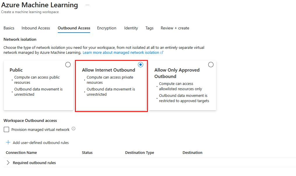 Screenshot of the workspace network tab with internet outbound selected.