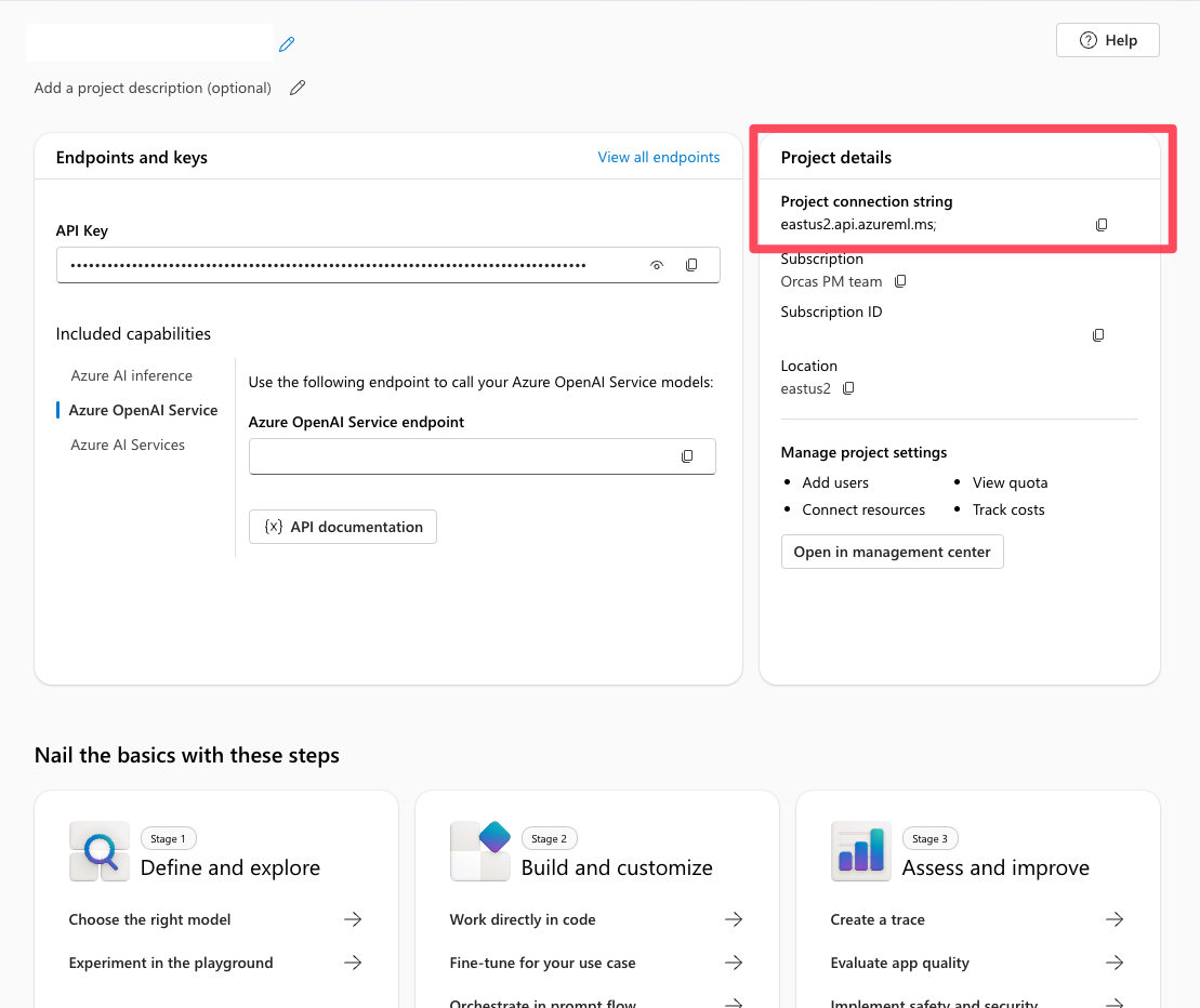 Screenshot that shows the project setup page.