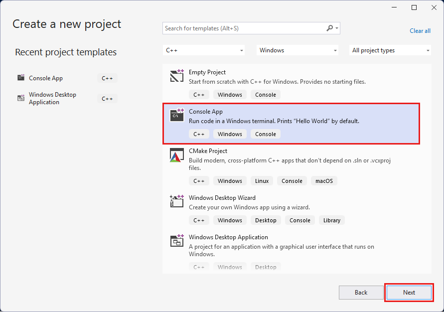 Screenshot of the Create a new project dialog with the Console App project template selected.