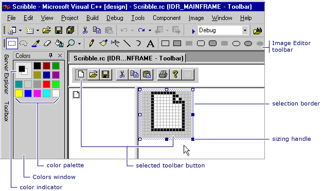 vcToolbarEditor Screenshot of the Toolbar Editor with controls called out.