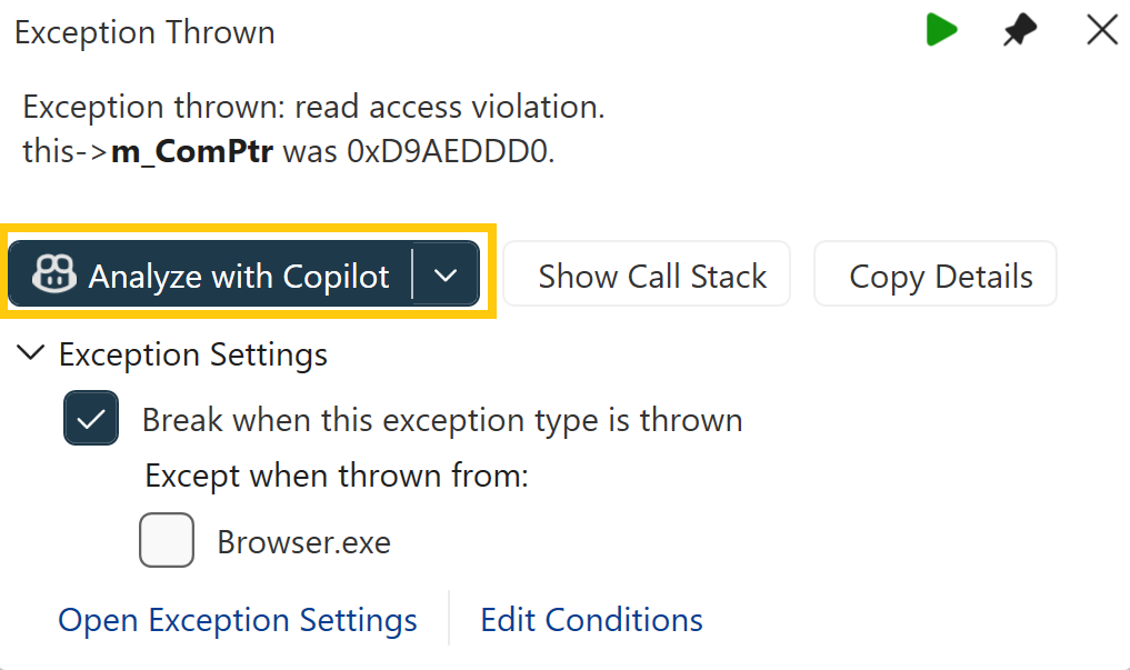 Screenshot of the exception window for the Hilo browser with the Analyze with Copilot button highlighted.