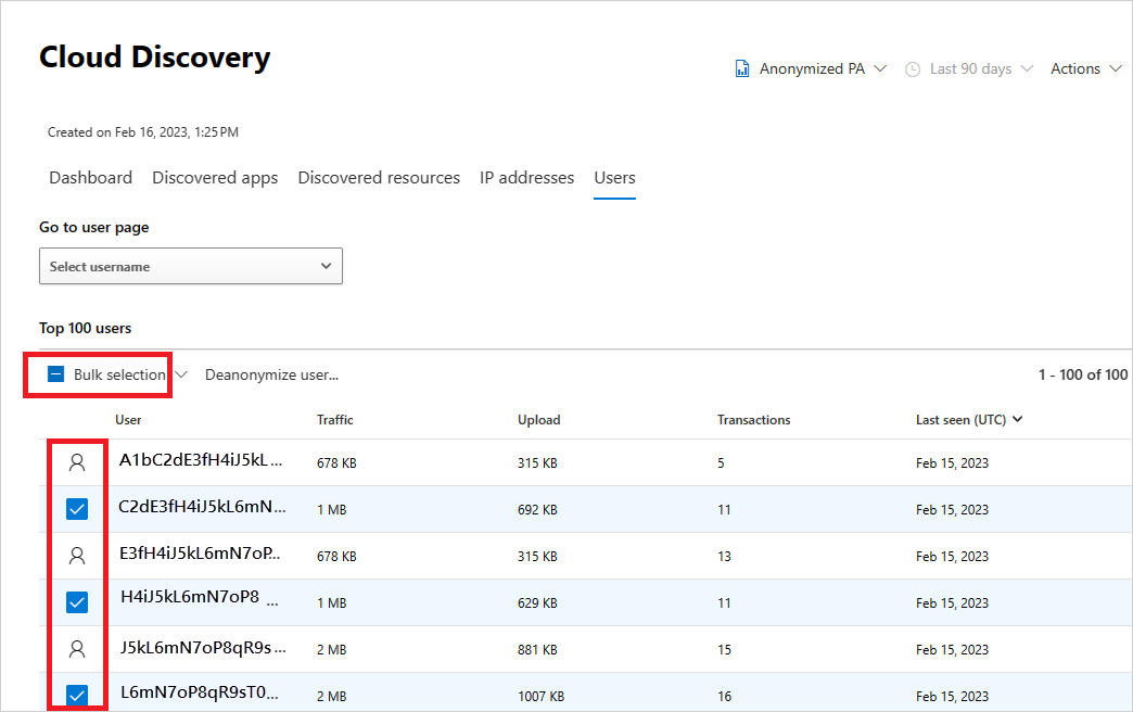 Screenshot of the bulk selection checkboxes for resolving multiple anonymized users.