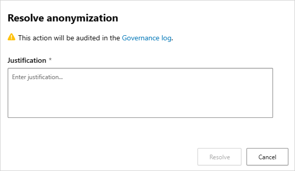 Screenshot of the Resolve dialog where a business justification is entered before selecting Resolve.