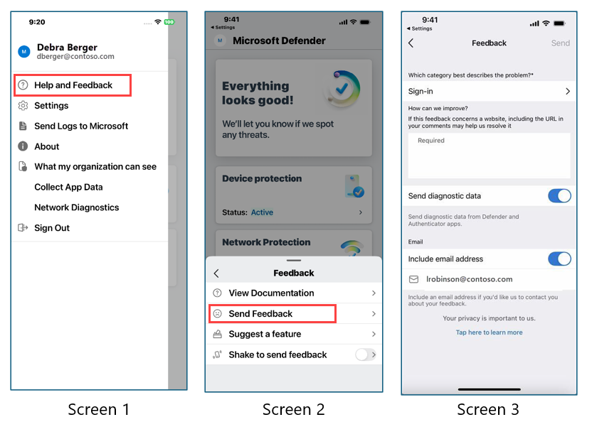Screenshots showing how to send feedback and logs from the Microsoft Defender mobile app options menu.