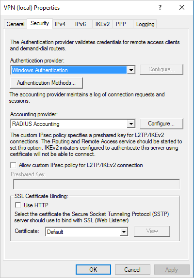 Screenshot of the Security tab showing RADIUS Accounting selected as the accounting provider.