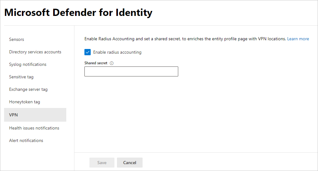 Screenshot of VPN integration settings with Enable radius accounting selected and Shared Secret field populated.