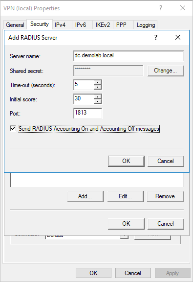 Screenshot of RRAS accounting settings showing the Send RADIUS Account On and Accounting Off messages option enabled.