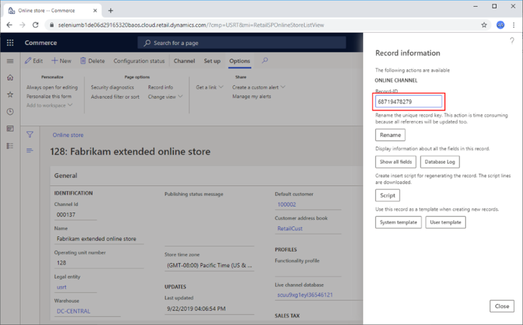 Screenshot of the Record-ID field on the Dynamics 365 Retail website.