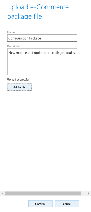 Screenshot of LCS Upload e-commerce package file dialog box after upload.