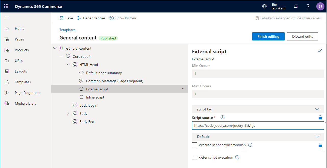 Screenshot of external script module properties in site builder.