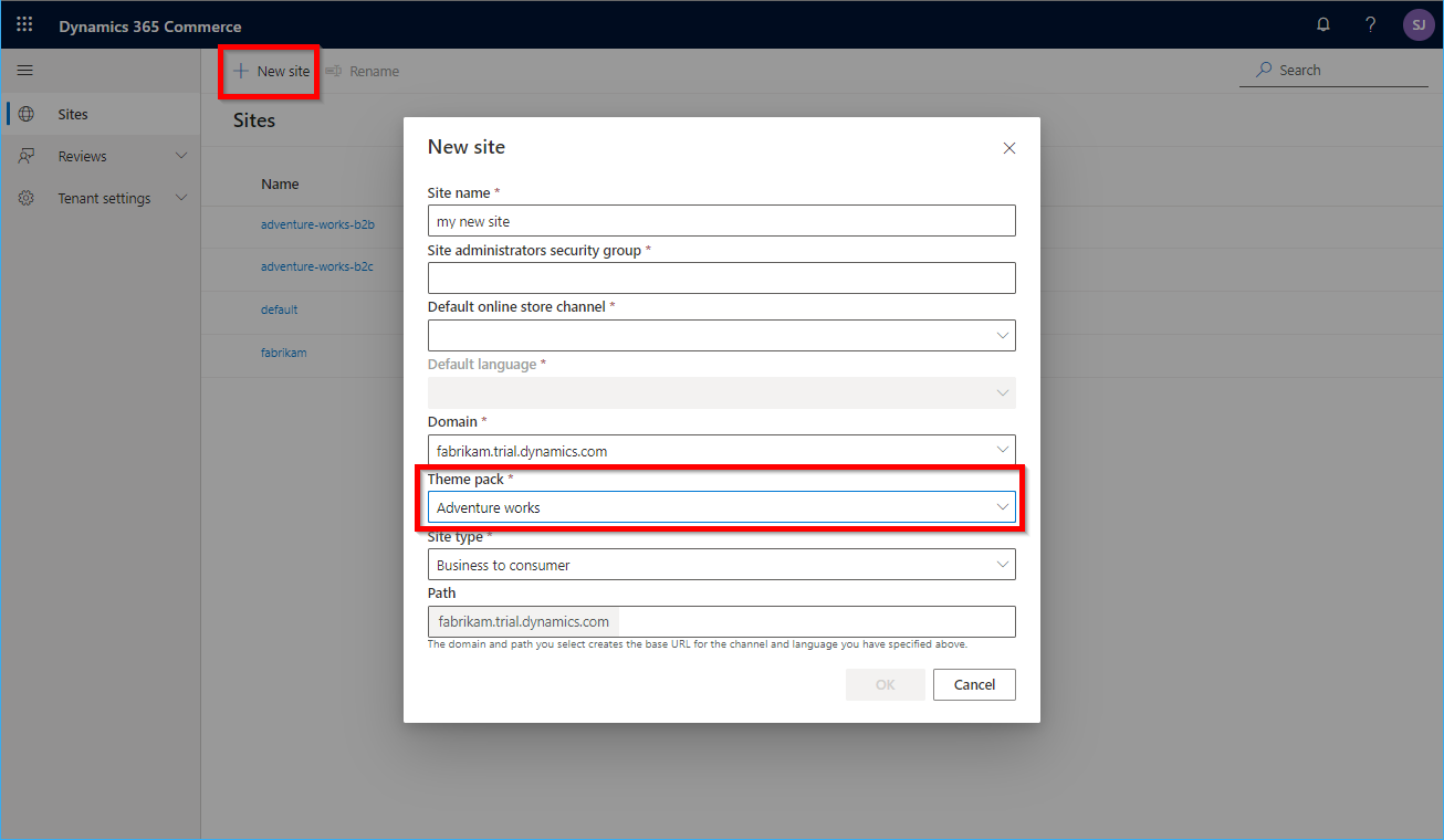 Screenshot of the Theme pack field in the New site dialog box in Commerce site builder.