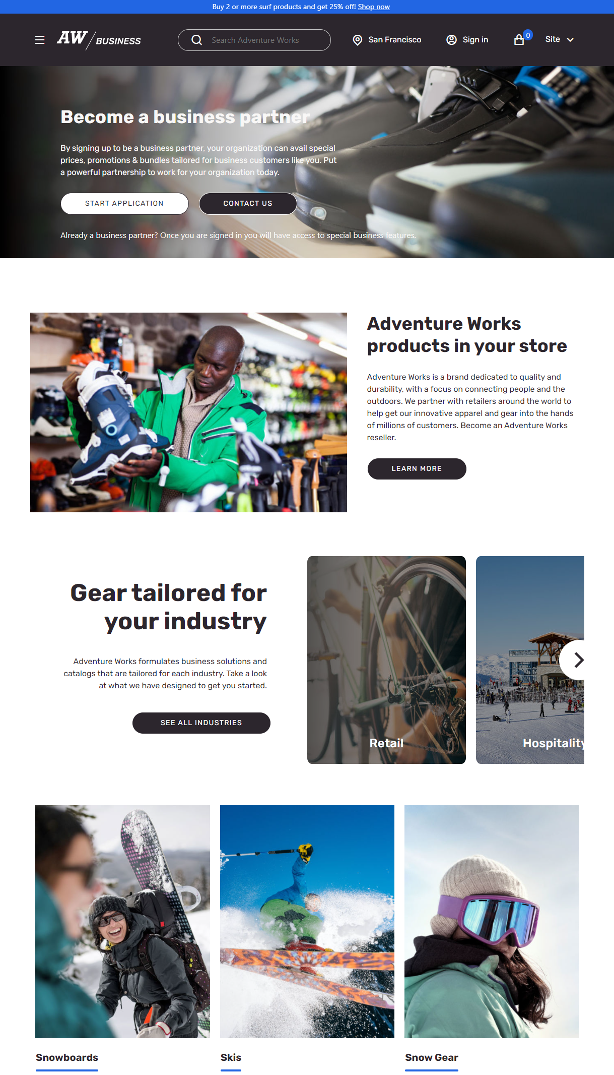 Screenshot of a B2B home page that uses the Adventure Works theme.