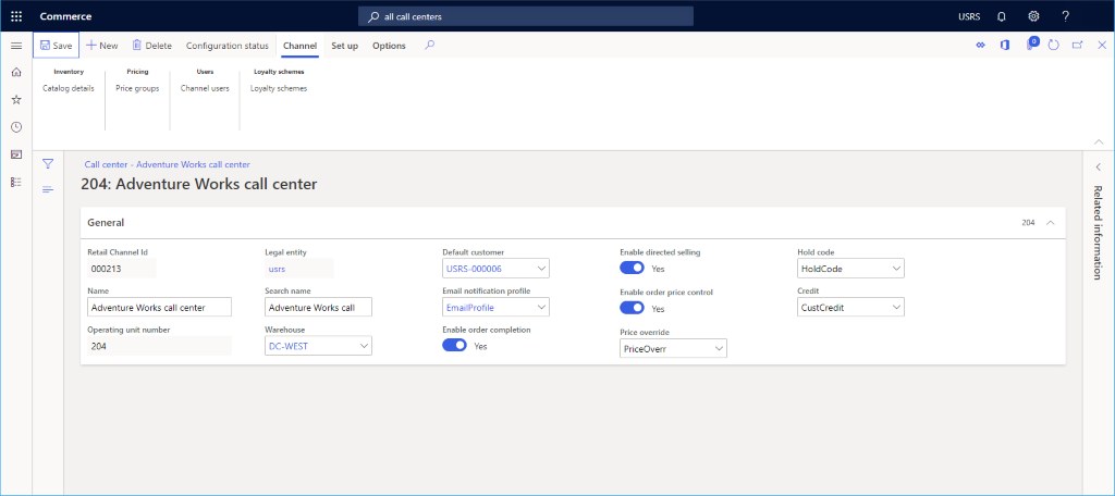 Screenshot of an example call center channel.