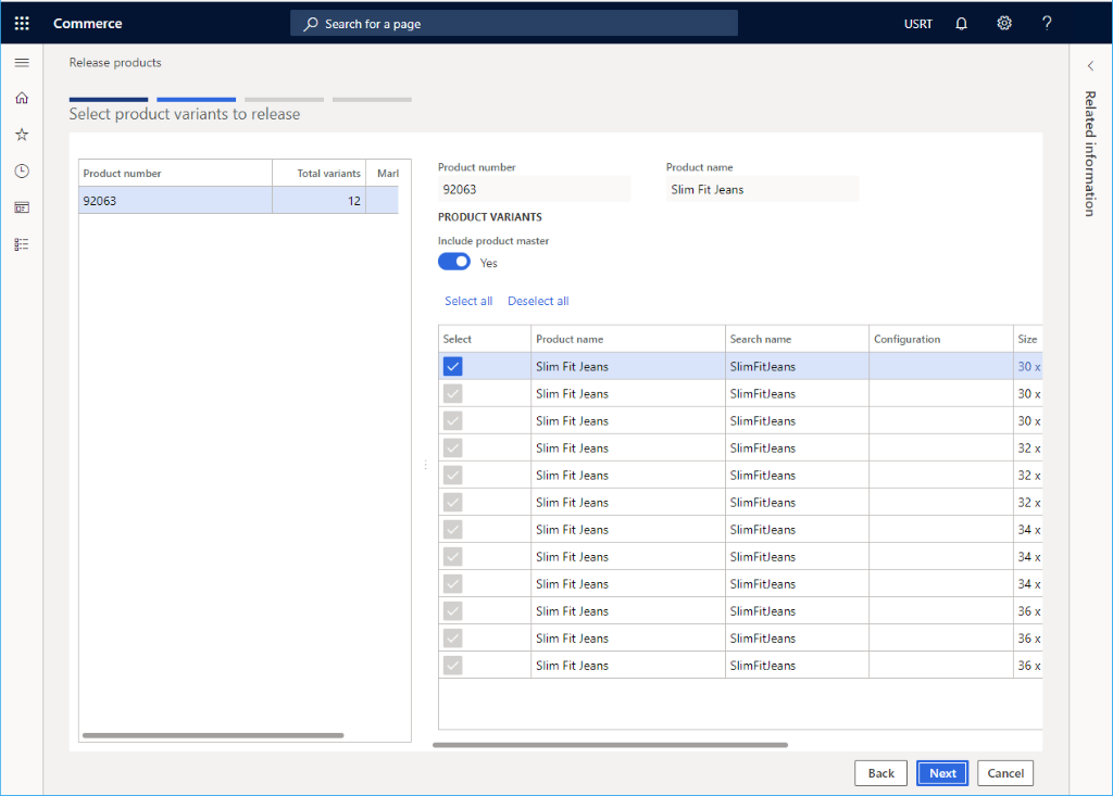 Screenshot of selecting variants to release.