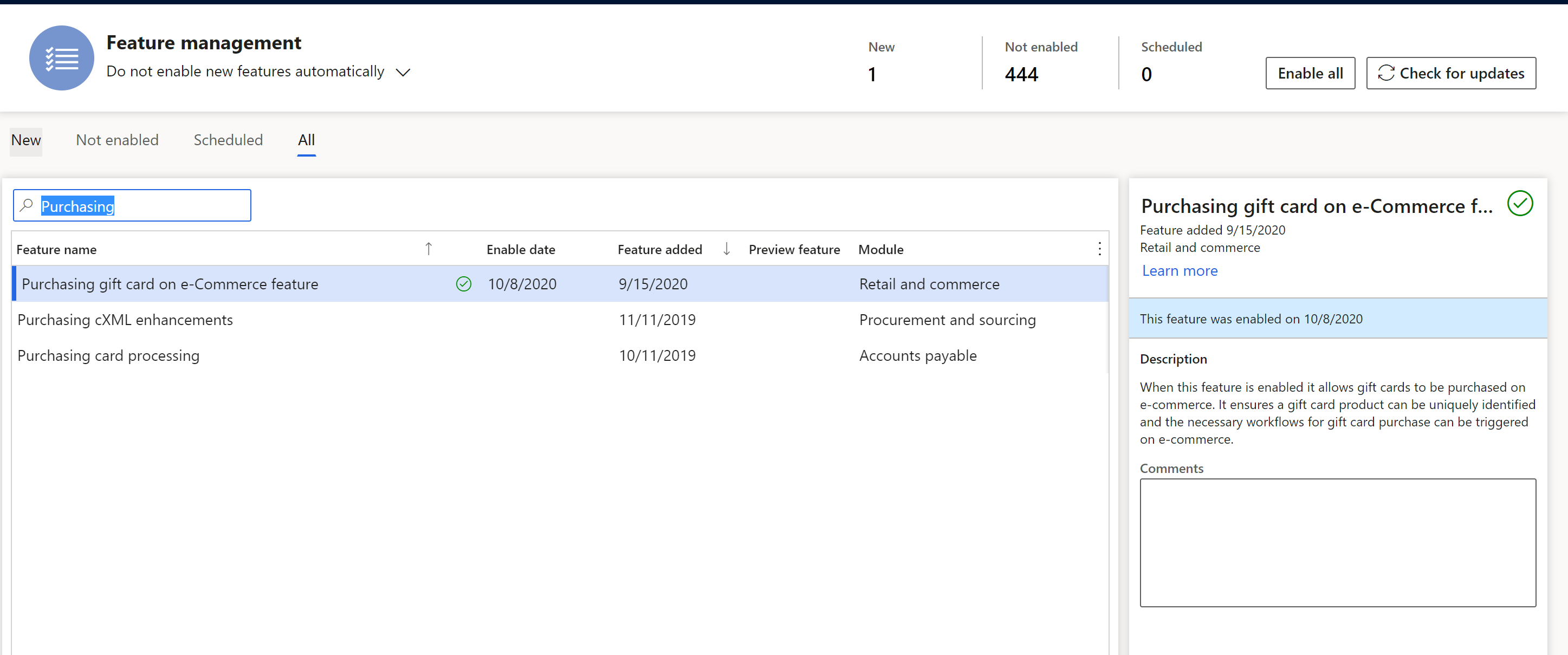 Screenshot of the Feature management workspace in Commerce headquarters.