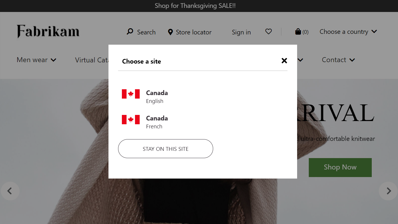 Screenshot of a country/region picker dialog box on a home page.