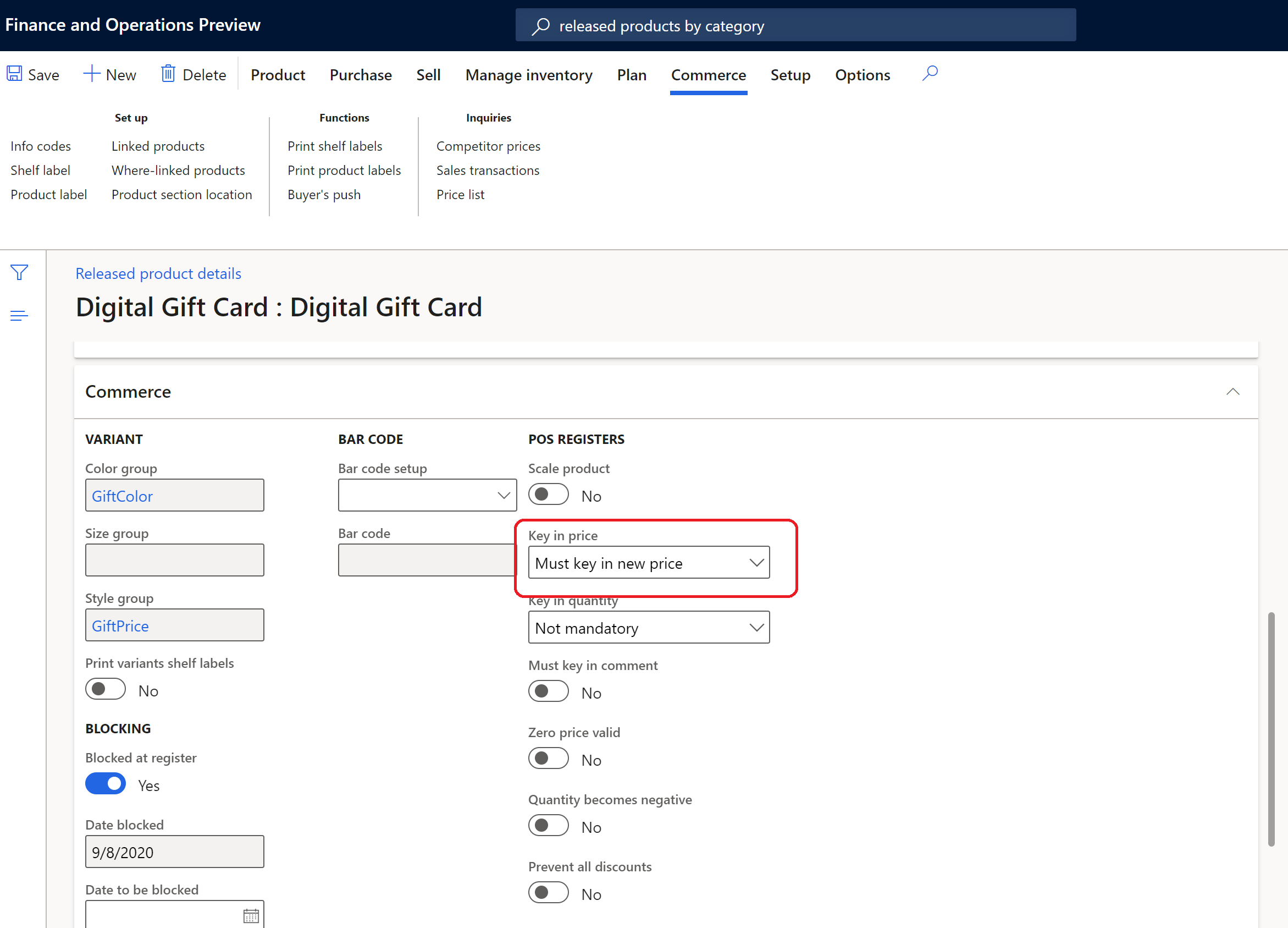 Screenshot of the Key in price field in Commerce headquarters.