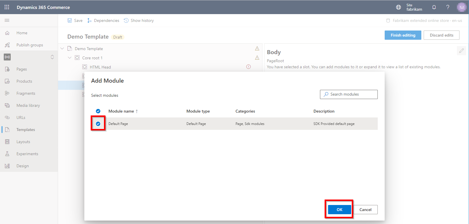 Screenshot of selecting the Default Page module in the Select modules dialog box.