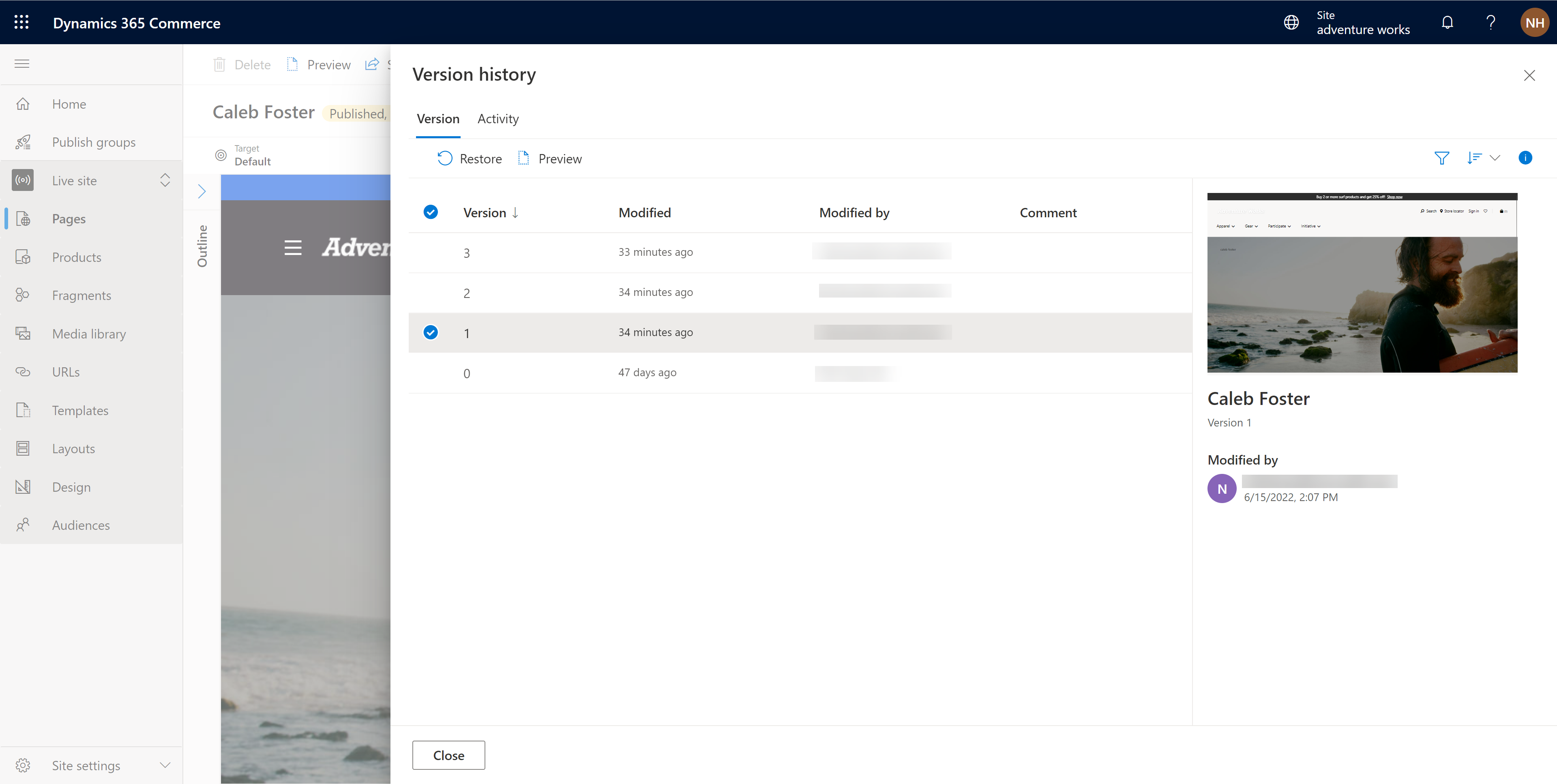 Screenshot of the Version history list view.