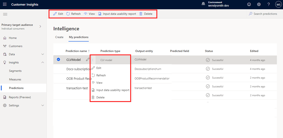 Screenshot of the My predictions page listing predictions with their status and refresh details.