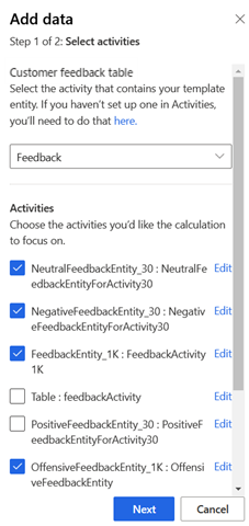 Screenshot of the configuration step to select feedback activities for sentiment analysis.
